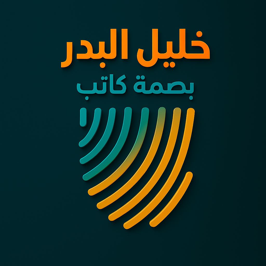 شعار احترافي مكتوب عليه "خليل البدر" و"بصمة كاتب"، بتصميم ثلاثي الأبعاد، يتضمن خطوطًا منحنية تمثل بصمة الإصبع، بألوان برتقالية وزرقاء على خلفية داكنة.