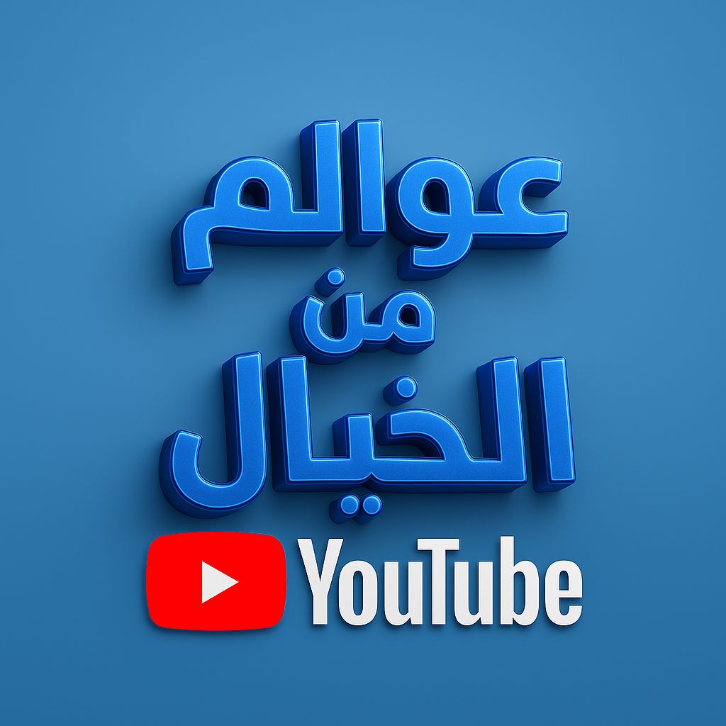 شعار قناة عوالم من الخيال على يوتيوب باللون الأزرق مع أيقونة يوتيوب الحمراء