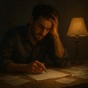 شخص يجلس إلى مكتب وهو غارق في التفكير أثناء محاولة كتابة الفصل الأول من رواية