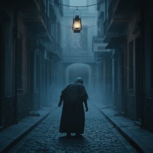 ​امرأة عجوز غامضة تتوارى في ظلام زقاق ضيق، عيناها متوهجتان تحت مصباح قديم.