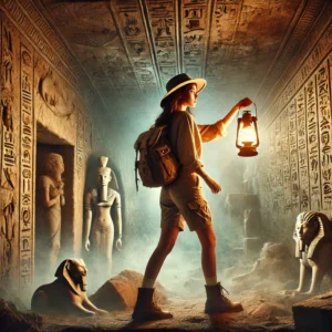مستكشفة تحمل مصباحًا داخل مقبرة فرعونية مليئة بالتماثيل والنقوش المصرية القديمة، في رحلة لاكتشاف سر الصندوق الفرعوني.