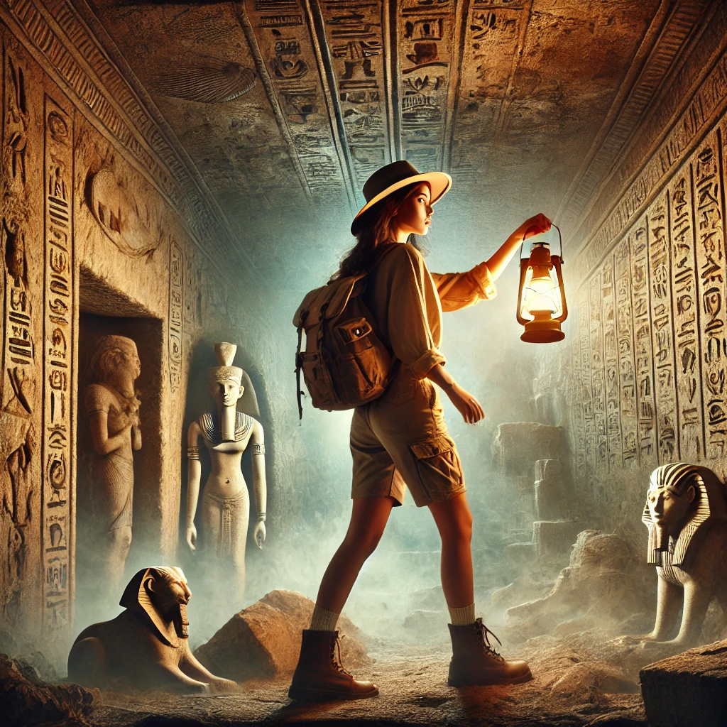 مستكشفة تحمل مصباحًا داخل مقبرة فرعونية مليئة بالتماثيل والنقوش المصرية القديمة، في رحلة لاكتشاف سر الصندوق الفرعوني.