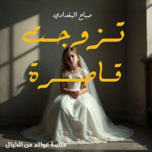 طفلة صغيرة ترتدي فستان زفاف وتجلس بحزن في غرفة معزولة، تعبير بصري قوي يعكس قصة تزوجت قاصرة ومعاناتها.