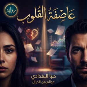 غلاف رواية عاصفة القلوب للكاتبة صبا البغدادي، تصميم درامي يجمع بين وجوه متقابلة وقلب متشقق يرمز لعاصفة المشاعر، مع أجواء علاج نفسي ودراما عاطفية.
