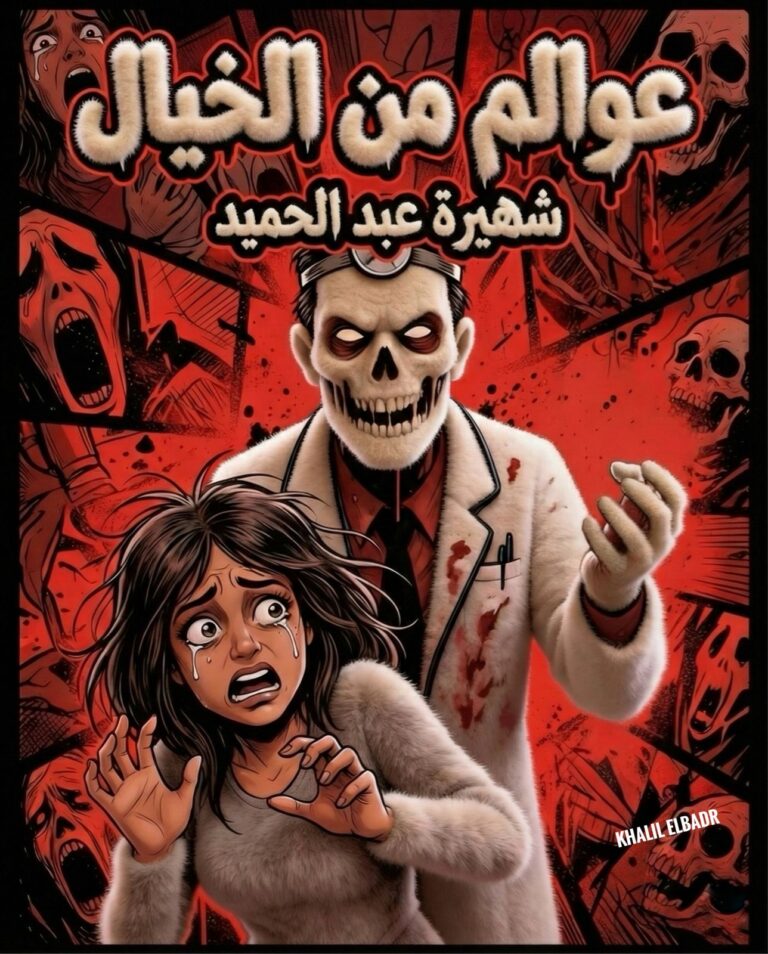 رسم تخيلي مرعب يجسد قصة الجن العاشق، تظهر فيه فتاة تنظر للمرآة برعب ويقف خلفها شبح الطبيب المحروق، قصة رعب واقعية للكاتبة شهيرة عبد الحميد.