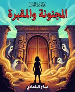 صورة غلاف رواية المجنونة والمقبرة للكاتبة صباح البغدادي، بتصميم كرتوني يظهر فتاة تقف أمام بوابة معبد فرعوني ضخمة، يحيط بها تماثيل بوجوه ضاحكة وأشباح مرحة تحلق في الجو.