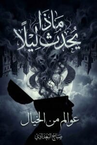 صورة الغلاف الرسمي لـ رواية ماذا يحدث ليلًا للكاتبة صباح البغدادي، بتصميم سريالي غامض يظهر فيه رأس بشري مفتوح يتصاعد منه دخان وأشباح مع ساعة ذائبة ومباني مقلوبة في الخلفية.